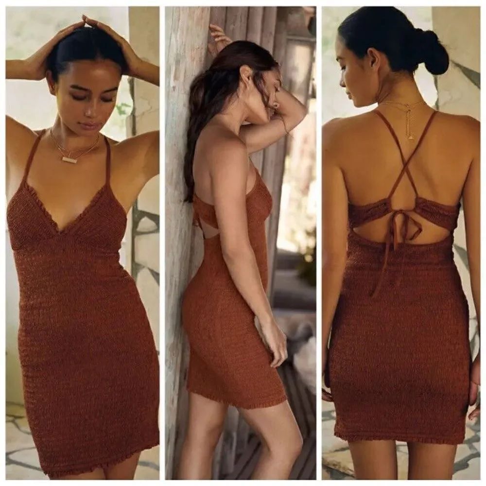 Anthropologie The Ellen Mini Dress Ruched Smocked Bodycon Sleeveless Brown L NEW